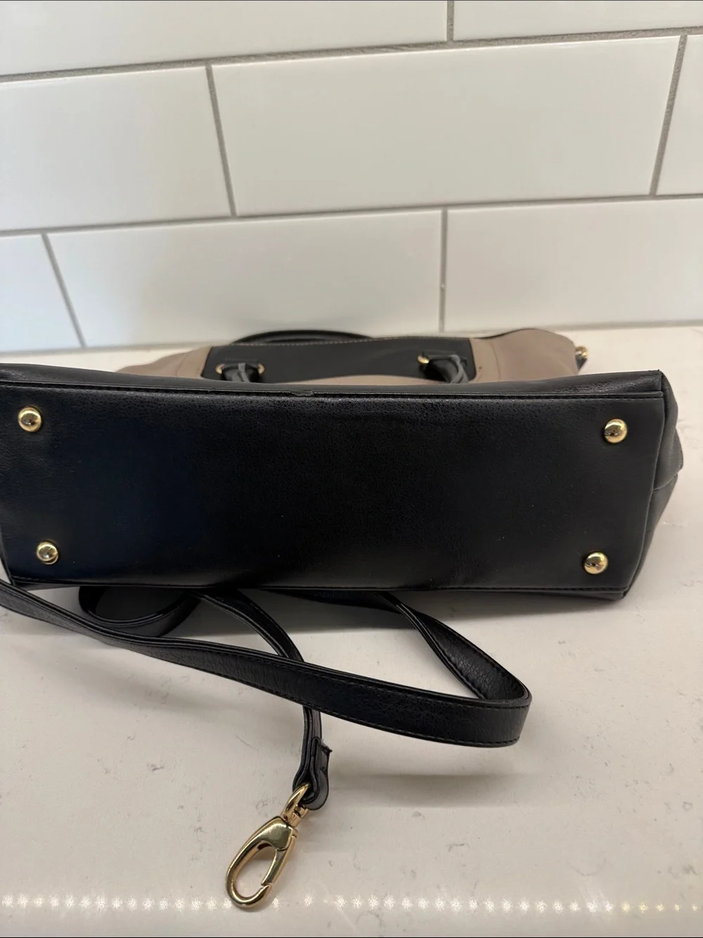 Tignanello Two-Tone Black & Taupe Leather Satchel removable crossbody strap